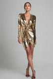 Sparkly Gold Ruched Sequin V Neck Short Cocktail Dress with Sleeves