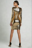 Sparkly Gold Ruched Sequin V Neck Short Cocktail Dress with Sleeves