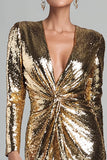 Sparkly Gold Ruched Sequin V Neck Short Cocktail Dress with Sleeves