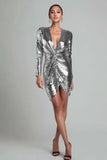 Sparkly Gold Ruched Sequin V Neck Short Cocktail Dress with Sleeves