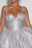 Sparkly Silver Spaghetti Straps Corset Sequin Short Cocktail Dress