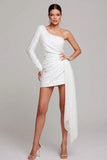 Sparkly White Sequin Bodycon One Shoulder Short Cocktail Dress with Side Cape