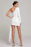 Sparkly White Sequin Bodycon One Shoulder Short Cocktail Dress with Side Cape