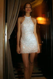 Sparkly Sequin White Halter Short Cocktail Dress