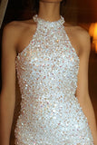 Sparkly Sequin White Halter Short Cocktail Dress