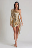 Sparkly Gold One Shoulder Sequin Short Cocktail Dress