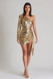 Sparkly Gold One Shoulder Sequin Short Cocktail Dress