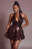 Sparkly Burgundy Halter Short Sequin Cocktail Dress