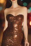 Sparkly Coffee Strapless Sequin Bodycon Short Cocktail Dress