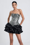 Sparkly Black and Grey Strapless Ruffled A Line Short Cocktail Dress