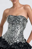 Sparkly Black and Grey Strapless Ruffled A Line Short Cocktail Dress