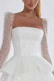 Sparkly White Sequin Corset Short Ruffled Cocktail Dress with Sleeves