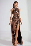 Sparkly Coffee Halter Cut Out Maxi Formal Dress with Slit