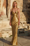 Gold Satin Mermaid Spaghetti Straps Maxi Formal Dress