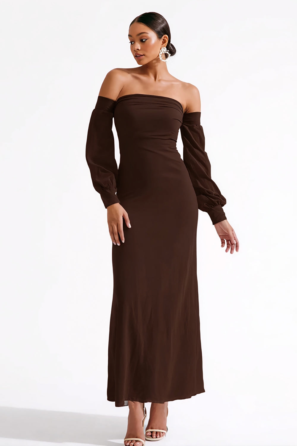 Leely Women Dark Brown Sheath Long Formal Dress with Sleeves Ruched
