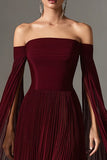 Burgundy Off the Shoulder Pleated Long Formal Dress with Cape