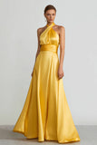Yellow Satin Halter A Line Maxi Formal Dress