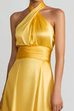 Yellow Satin Halter A Line Maxi Formal Dress