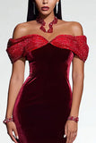 Sparkly Burgundy Mermaid Beaded Velvet Long Formal Dress