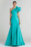 Jade Satin Mermaid One Shoulder Long Formal Dress with Bow