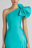 Jade Satin Mermaid One Shoulder Long Formal Dress with Bow