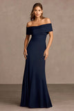 Navy Mermaid Off the Shoulder Maxi Formal Dress