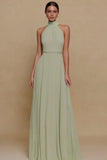 Dusty Sage High Neck A Line Long Chiffon Formal Dress