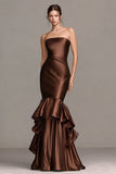 Coffee Satin Strapless Mermaid Ruffled Long Formal Dress