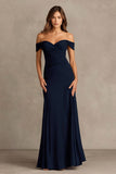 Navy Off the Shoulder Sheath Maxi Formal Dress