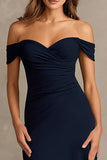 Navy Off the Shoulder Sheath Maxi Formal Dress