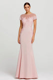 Pink Boat Neck Mermaid Maxi Formal Dress with Lace