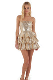 Sparkly Gold Strapless Tiered Short Sequin Cocktail Dress with Ruffles