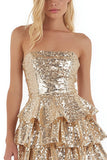Sparkly Gold Strapless Tiered Short Sequin Cocktail Dress with Ruffles