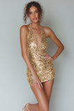 Sparkly Sequin Gold Halter Bodycon Mini Cocktail Party Dress