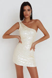 Ivory Bodycon Sparkly Sequin One Shoulder Short Cocktail Dress