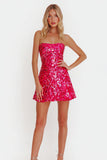 Sparkly Sequin Fuchsia Short A Line Strapless Cocktail Party Dress