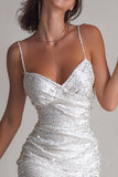 Sparkly White Bodycon Sequin Ruched Short Cocktail Party Dress