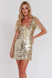 Sparkly Gold Bodycon Sequin Short Sleeves Cocktail Party Dress