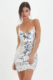 Sparkly Silver Sequin Spaghetti Straps Bodycon Short Cocktail Dress