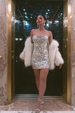 Sparkly Silver Bodycon Spaghetti Straps Sequin Short Cocktail Dress