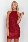 Sparkly Sequin Red High Neck Short Tight Cocktail Dress