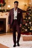 2 Piece Men Red and Black Grid Notched Lapel Party Suits