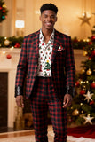 2 Piece Men Red and Black Grid Notched Lapel Party Suits