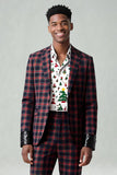 2 Piece Men Red and Black Grid Notched Lapel Party Suits