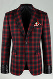 2 Piece Men Red and Black Grid Notched Lapel Party Suits
