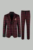 2 Piece Men Red and Black Grid Notched Lapel Party Suits