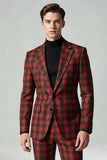 Black and Red Grid 2 Piece Notched Lapel Men Party Suits