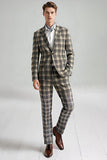 2 Piece Brown and Grey Grid Notched Lapel Fitted Men Prom Suits