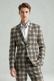 2 Piece Brown and Grey Grid Notched Lapel Fitted Men Prom Suits