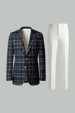 2 Piece Blue and Green Grid Notched Lapel Men Prom Suits